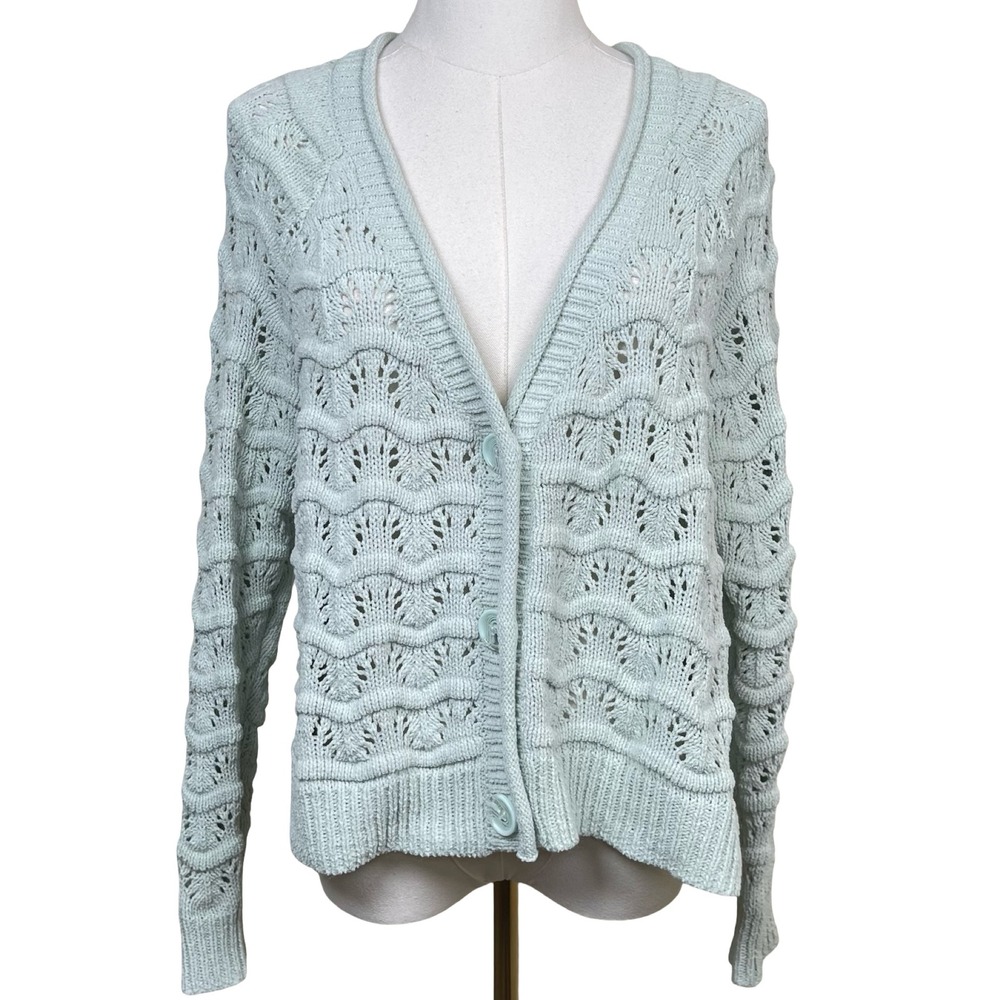 Maurices Cardigan Sweater Womens M Pastel‎ Mint Green Pointelle Scalloped Knit